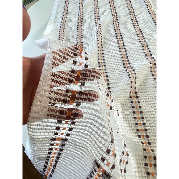 Vintage 70s mesh curtain, white, brown, orange striped net woven, single panel - Picture 5 of 10